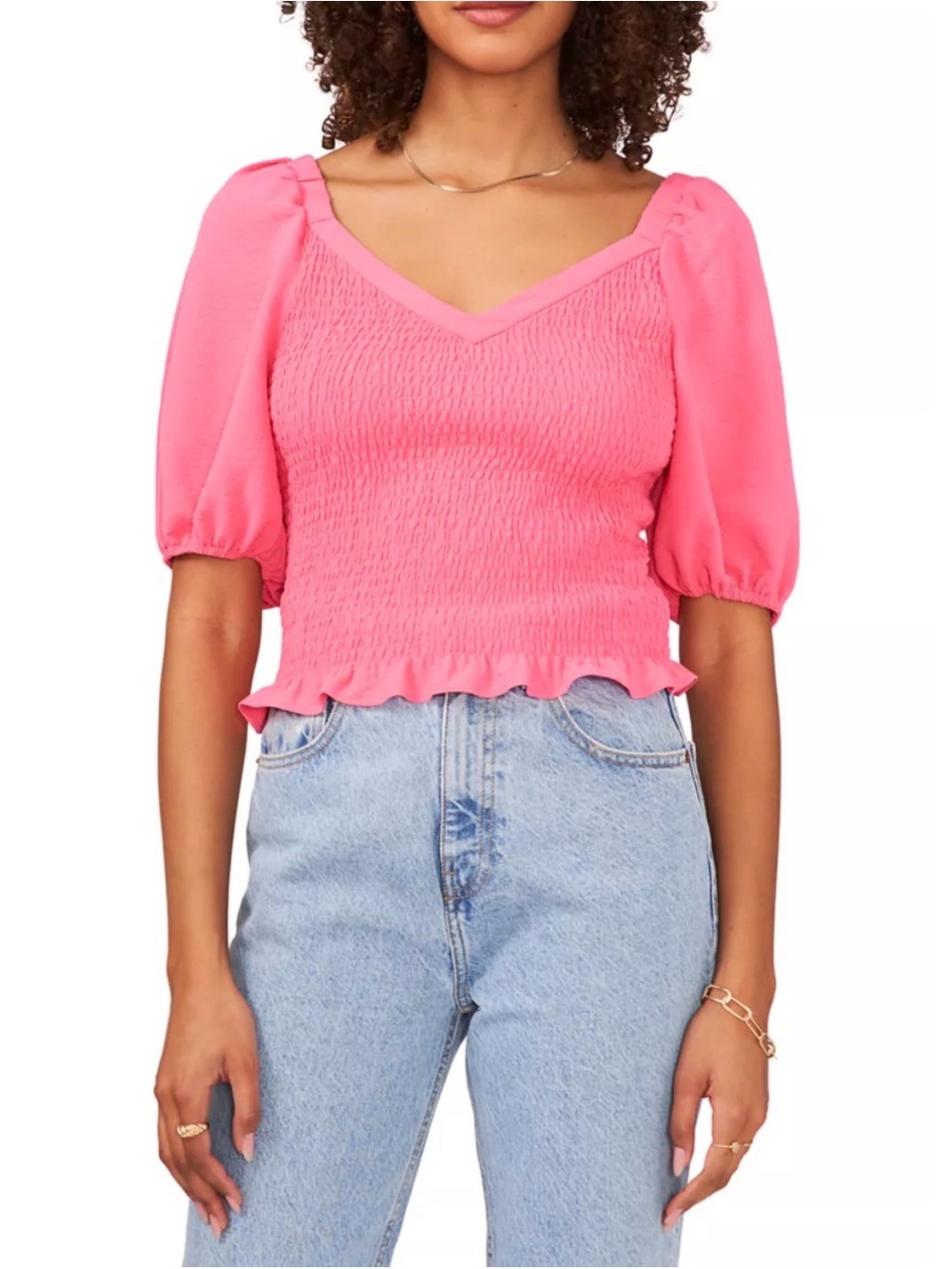NWT 1.STATE Pink Smocked Puff Sleeve Peplum Top Large L Coquette Barbiecore
